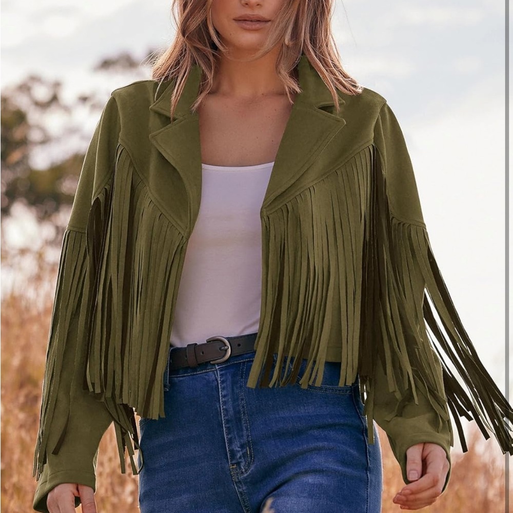 Women's Suede Fringe Jacket Long Sleeve Slim Faux Leather Boyfriend Cropped Top - Picture 4 of 6